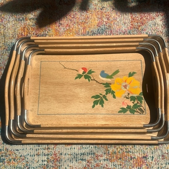 Vintage Wooden Handpainted Serving Trays Silver Edging Set of Four Various Sizes